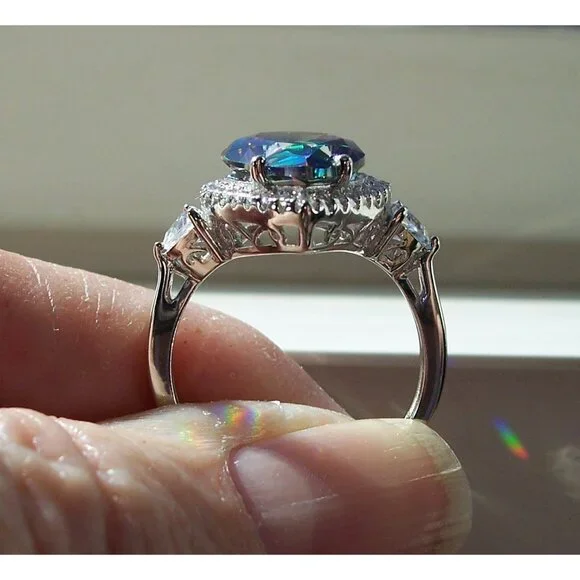 925 Sterling Silver Simulated Mystic Rainbow Topaz CZ Pear Cut Halo Ring - Picture 6 of 16